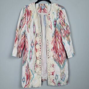 Chicos Womens 100% Linen Soutache Topper Jacket Size 4/6 Ikat Artsy Colorful NWT